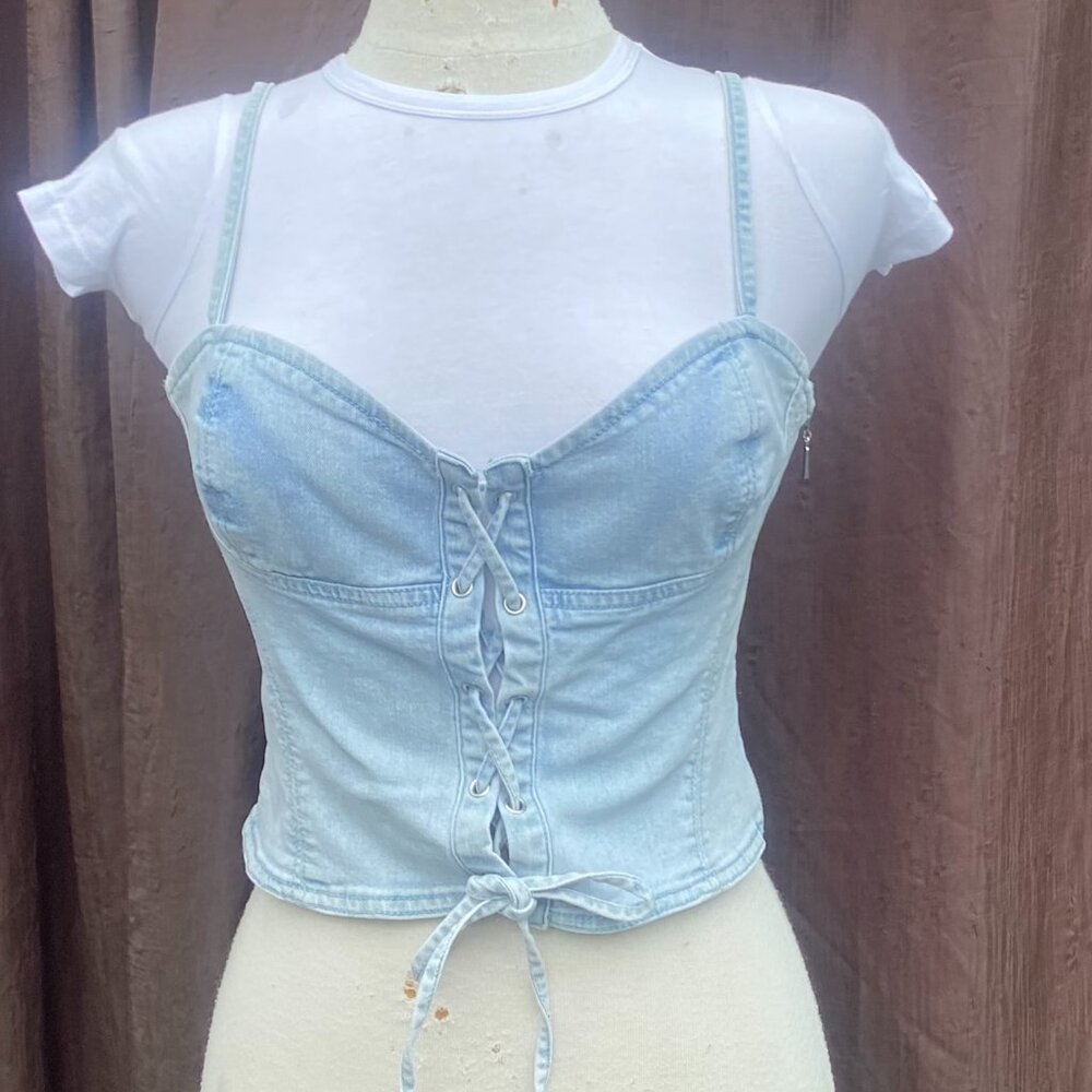 Streetwear Society Denim Halter Top Corset Tie Front Y2K 80s Vibe NWT Size L